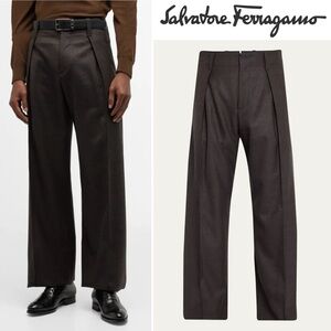 NWT Ferragamo Men’s Pleated Wool Trousers Toni Ganache Brown 52 IT US 36 Pants